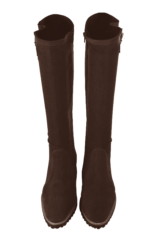 Dark brown women's knee-high boots with buckles. Round toe. Flat rubber soles. Made to measure. Top view - Florence KOOIJMAN
